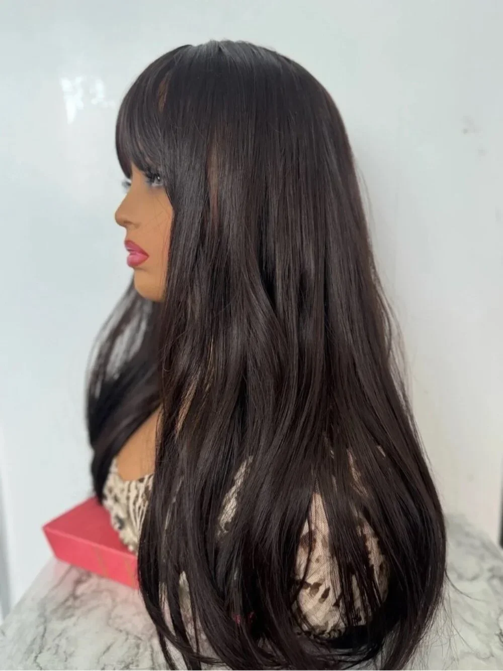 Dark Brown Wig with Bangs Shoulder Length Straight Layered Heat Resistant
